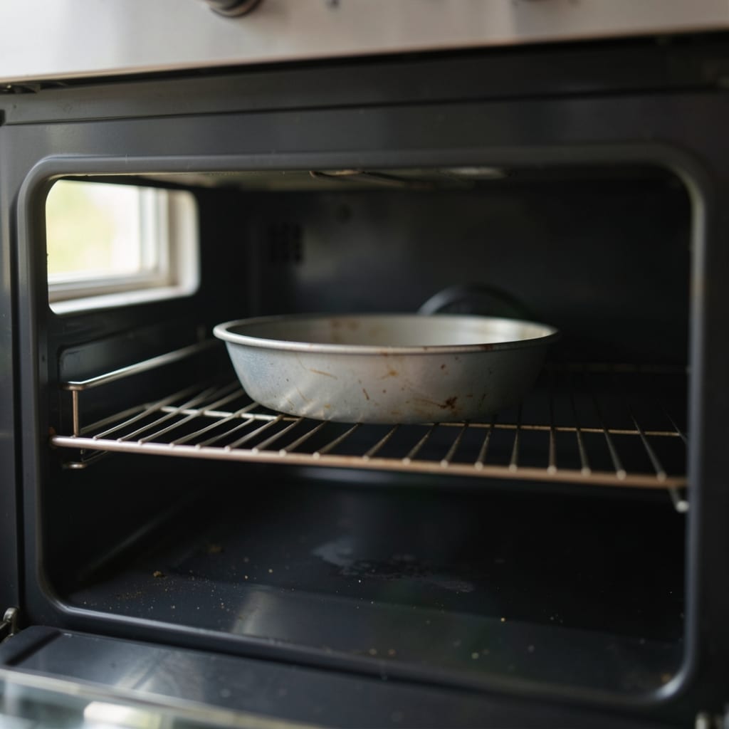 An ordinary home oven with one tin in it